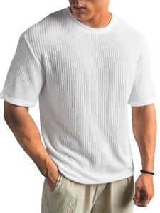 T-shirt à manches courtes en tricot gaufré noir pour homme, col rond, respirant, coupe décontractée - Product Image 5