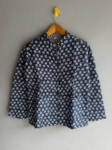 Chaqueta de algodón con estampado floral azul para mujer, cuello mandarín, abotonada, informal, manga tres cuartos, para todas las estaciones, regalo - Product Image 1