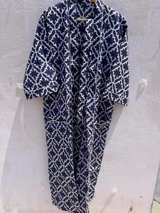 Bata Kimono de Algodón para Mujer, Azul con Estampado de Bloques, Hecha a Mano, Estilo Boho, para Descansar, Dormir o Regalo - Product Image 2