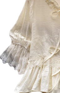 Blusa de Lino Crema para Mujer con Cuello con Volantes, Mangas Abullonadas, Capa Transparente, Estilo Dulce, Primavera Verano, Corte Holgado - Product Image 5