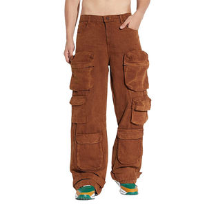Pantalones Cargo de Mezclilla para Hombre, Color Sólido, Corte Holgado, Cintura Media, Pierna Ancha, para Invierno, 100% Algodón Lavado - Product Image 2