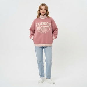 Sweat-shirt à col roulé oversize pour femme, couleur marron, imprimé lettres Brooklyn Athletic Department, en coton tricoté, pour l'automne - Product Image 4