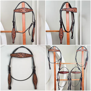 Vente en gros d'équitation Western têtière en cuir usiné à la main licou durable en cuir de vache véritable Type de rêne équipement de course de chevaux - Product Image 2