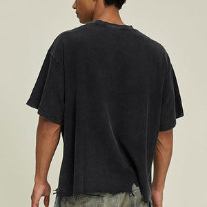 Men's Plus Size Vintage Wash Black O-Neck Short Sleeve T-Shirt Distressed <b>Raw</b> Hem Casual Tee - Product Image 2
