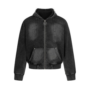 Sudadera con capucha unisex de algodón ligero con cremallera, estilo vintage, lavado ácido, corte holgado, manga larga, personalizada, para hombre, color negro, de moda para invierno - Product Image 4