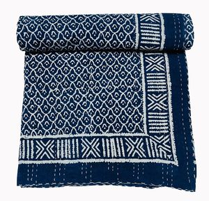 Silkgram Traditional Indigo Cotton Kantha <b>Quilt</b> Blue Floral Hand-Stitched Eco-Friendly All-Season Home Decor <b>Throw</b> Cover - Product Image 1