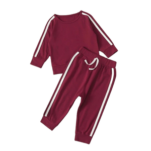 Ensembles de survêtements pour tout-petits et enfants, bordeaux, avec bande latérale, sweat-shirt à manches longues col rond et pantalon de jogging, tenues de sport décontractées - Product Image 1