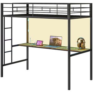 Letto a soppalco matrimoniale in metallo nero con luci LED, stazione di ricarica e scaletta: soluzione completa e conveniente. - Product Image 1