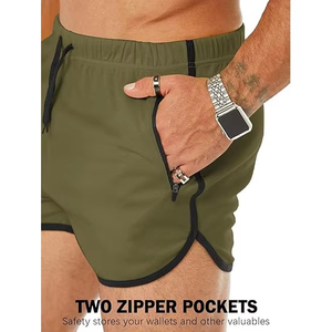 <b>Men's</b> Olive Green Quick Dry Athletic <b>Shorts</b> With <b>Zip</b> <b>Pocket</b> Elastic Waist Drawstring Casual Sport <b>Shorts</b> - Product Image 5