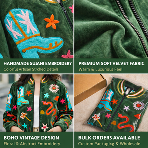 Vestes en velours brodées Suzani pour femmes, doublure en coton, style bohème fait main, vente en gros pour l'automne - Product Image 5