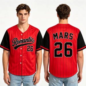 Camiseta de Béisbol Romántica para Hombre, Roja a Rayas, Manga Corta, Transpirable, Cierre de Botones, Nombre y Número Personalizados 26 - Product Image 1