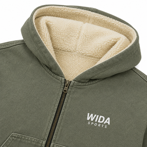 WIDA SPORTS Olive Green Hooded Zip-Up Crop <b>Jacket</b> <b>Fleece</b> <b>Lined</b> Oversized Casual Unisex Winter Sweatshirt - Product Image 5