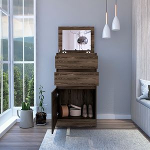 Cassettiera a una porta in noce scuro con 2 cassetti, specchio e vano portagioie da 43 pollici - Product Image 2