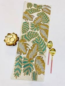 Embroidered Tropical Leaf <b>Table</b> <b>Runner</b> Bohemian Home Decor Washable Yellow <b>Teal</b> Pattern - Product Image 2