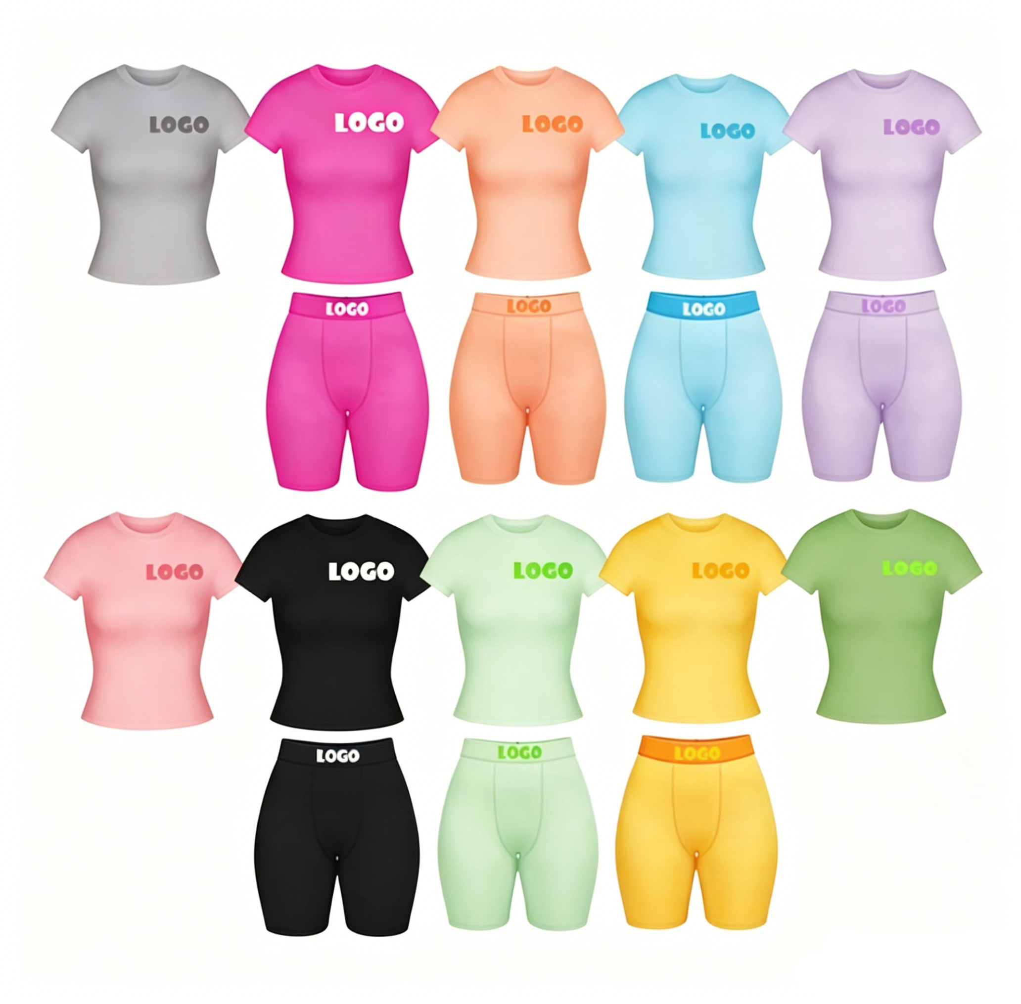 Custom Logo Women Yoga Set 2 Piece Gym Outfit Short Sleeve Crop Top And High Waist Biker Shorts Fitness Activewear Clothing Set
