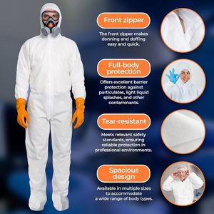 Tuta protettiva Unisex monouso 50 GSM tute ignifughe microporose polsi elastici cerniera grande confezione 5 indumenti di sicurezza bianchi - Product Image 5