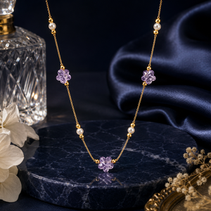 Fashion 18K Rose Gold Lavender Floral <b>Statement</b> <b>Necklace</b> Women Purple Crystal Flower Pearl Accents Link Chain - Product Image 1