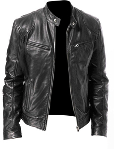 Men's Brown Genuine Leather Waterproof Breathable Moto <b>Jacket</b> Stand Collar Zipper Closure <b>Slim</b> <b>Fit</b> Winter Style Regular Sleeve - Product Image 4