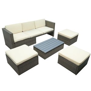 Set di Mobili da Giardino in 5 Pezzi con Divano in Vimini a Schienale Regolabile, Pouf e Tavolino da Caffè con Piano Sollevabile per Intrattenimento all'Aperto - Product Image 4