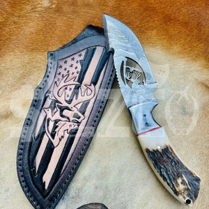 มีดล่าสัตว์เหล็กดามัสกัสแบบ OEM พร้อมด้ามจับทำจากเขาสัตว์ มีตะขอเกี่ยวไส้  มีดใบตายสำหรับตั้งแคมป์และกิจกรรมกลางแจ้ง EDC พร้อมปลอกหนัง - Product Image 4