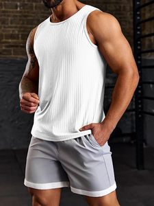<b>Men's</b> <b>White</b> Ribbed Sleeveless Tank Top O-Neck Breathable Knitted Solid Color Casual Workout <b>Vest</b> customize logo sizes - Product Image 1
