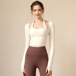 Women's Halter Neck Long Sleeve Crop Top Fitted Breathable Spandex <b>Polyester</b> Solid Color All Seasons Sportwear - Product Image 1