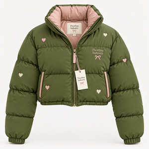 Chaqueta acolchada verde oliva para mujer, cuello alto, mangas abullonadas, aplique de corazón, corta, gruesa, para invierno, precio económico, OEM - Product Image 3