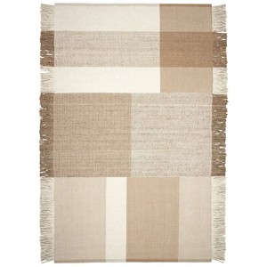 Scandinavian Plaid Wool Cotton Jute Rug Rectangle Reversible Flat Weave Jute Backing Living Room Beige Cream Brown Fringe - Product Image 3