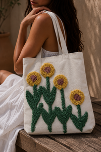 Sac fourre-tout en tissu fait main avec broderie tournesol pour le shopping, les sorties décontractées et la mode quotidienne – Pochettes pour femmes - Product Image 5