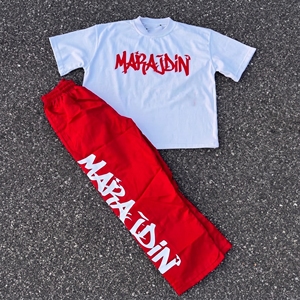 Custom Printed Logo Casual Breathable Polyester/Cotton T-shirt and Sweatpants Set <b>Summer</b> Acid Wash for <b>Men</b> - Product Image 1