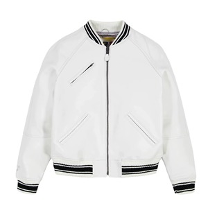 ASTURBAN WEAR White Varsity Jacket Full Sleeve Solid Color V-neck Covered Button Closure Canvas Breathable Leather/<b>Wool</b> Autumn - Product Image 4