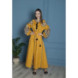 Robe longue ethnique brodée pour femme, style bohème, en lin écologique, taille naturelle, avec ceinture à pompons - Product Image 1