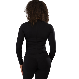 Womens Cropped Zip Jacket <b>Black</b> <b>Long</b> <b>Sleeve</b> Structured Fit Minimal Athleisure Outerwear <b>Top</b> - Product Image 4