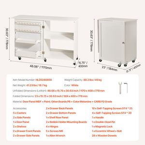 Tavolo Pieghevole Compatto Multifunzione per Macchina da Cucire con Ruote, Ripiani, Vassoi Portaoggetti e Pioli in Legno - Product Image 6