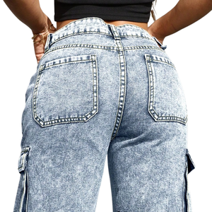 Pantalones Cargo de Mezclilla Lavada Azul Claro para Mujer, de Pierna Ancha, Tiro Medio, Ajuste Regular, Transpirables, de Secado Rápido, Casuales, de Cintura Completa - Product Image 4