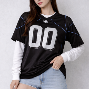 Maillot de football américain de luxe personnalisé en maille noire pour femme, style streetwear, avec passepoil réfléchissant, en polyester, col en V, fabrication OEM en gros, USA - Product Image 5