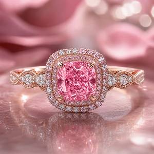 <b>Pink</b> Cushion Cut Halo Engagement Ring 14K Gold Plated Lab Grown Diamond IGI Certified Luxury Wedding Band Resizable Gift Women's - Product Image 1