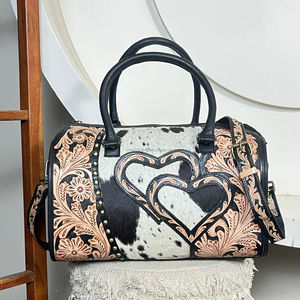 Bolsa de Viaje Grande de Cuero Vacuno Auténtico Hecha a Mano con Diseño de Corazón, Bolso de Mano Vintage con Estampado Floral, Bolsa Perfecta - Product Image 4