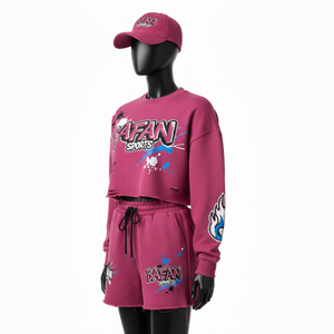 Ensemble sweat-shirt et short pour femme 100% coton, molleton lourd en coton et polyester 280 GSM, respirant, couleurs chaudes, logo imprimé personnalisé, ensemble pour femme - Product Image 4