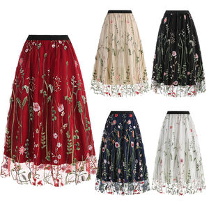 Jupe midi en tulle à fleurs rouge et noir pour femme, taille haute élastique, plissée en maille, double couche respirante, style empire, tendance - Product Image 1