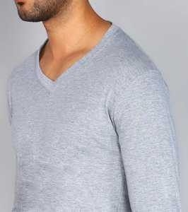 T-shirt à manches longues pour homme, col en V, gris, coupe classique, jersey tricoté uni, haut décontracté - Product Image 3