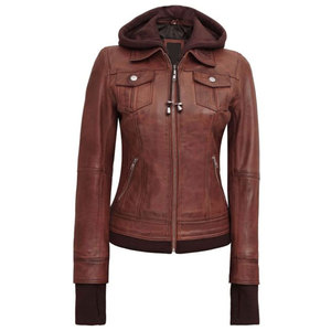 Women's Hooded Brown Leather <b>Jacket</b> - 2-in-1 Versatile Biker Style - Fashionable Slim Fit Ladies Leather Outerwear - Product Image 3