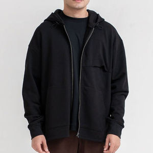 Sweat-shirt à capuche zippé noir pour homme, coupe classique, couleur unie, 100% coton tricoté, vêtement d'automne - Product Image 3