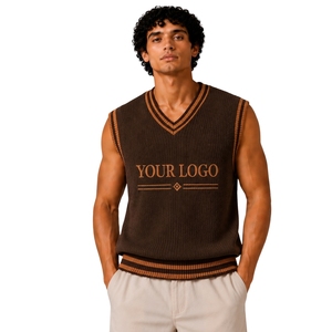Gilet pull sans manches en tricot pour homme, marron foncé avec rayures contrastées camel, col en V, personnalisable avec logo, en laine et acrylique, OEM - Product Image 1