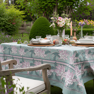 Japan Lotus Green 10 Seater <b>Tablecloth</b> 180x270cm Handcrafted Block Printed 100% Cotton Wedding Dining Home Decor Style - Product Image 4