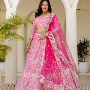 Lehenga Choli rose élégant, broderie complexe, soie naturelle, matériaux recyclés, style traditionnel, mariage, fête, décontracté - Product Image 1