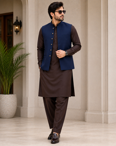 <b>Men</b> Traditional Cotton <b>Kurta</b> Pajama With Navy Blue Waistcoat Regular Fit Ankle-Length Casual Wear India Pakistan Style - Product Image 2