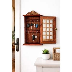<b>Walnut</b> Pine Vintage Key <b>Cabinet</b> Wall Mount Wooden Storage Holder Wholesale - Product Image 1