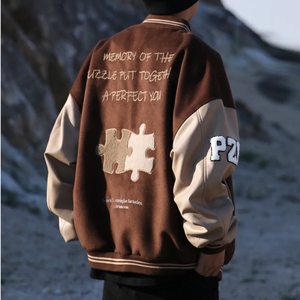 Letterman Varsity Jacket High Street Style Stand Collar Winter Wool Fabric <b>Canvas</b> Front Embroidered Patchwork Sleeves - Product Image 2