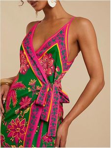 Women's Tropical Print Cami Dress Sleeveless Wrap V <b>Neck</b> <b>Tie</b> Knot Boho Short Dresses - Product Image 3